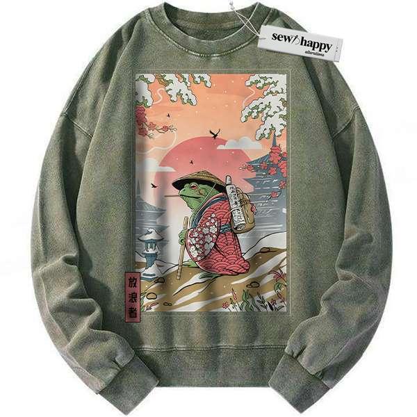 Wash Sweatshirt Japanese Frog Sweatshirt, Animal Sweatshirt, Vintage Sweater