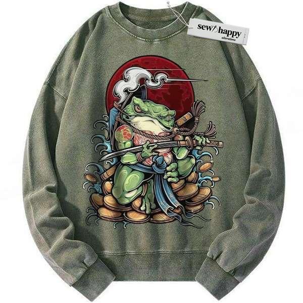 Wash Sweatshirt Japanese Frog Sweatshirt, Animal Sweatshirt, Vintage Sweater