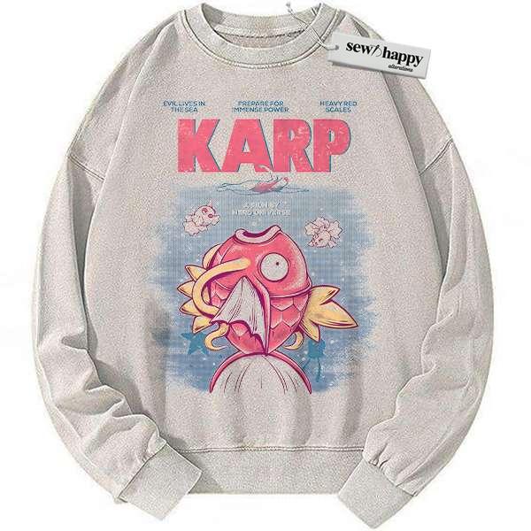 Wash Sweatshirt Jaws x Magikarp Sweatshirt, Pokemon Sweatshirt, Anime Sweatshirt, Vintage Sweater