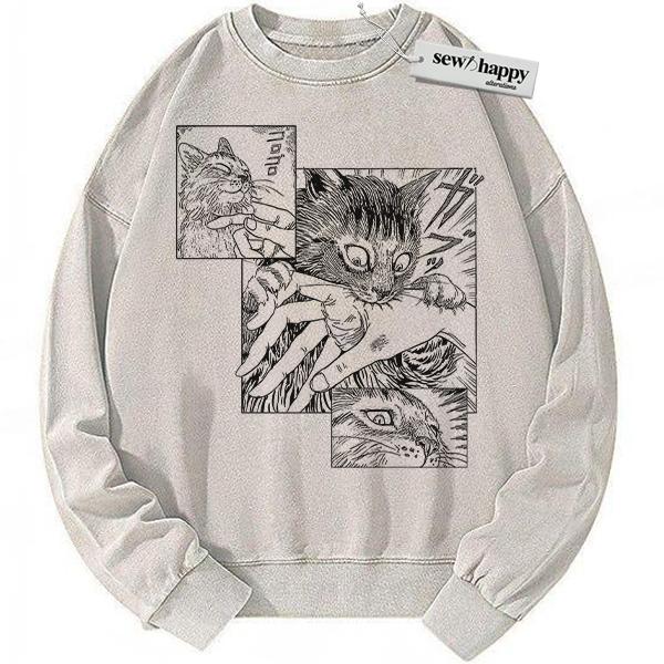 Wash Sweatshirt Junji Ito’s Cat Diary: Yon & Mu Sweatshirt, Junji Ito Sweatshirt, Horror Anime Sweatshirt, Vintage Sweatshirt