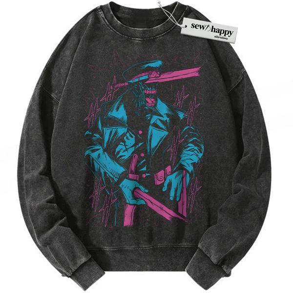 Wash Sweatshirt Katana Man Sweatshirt, Chainsaw Man Sweatshirt, Anime Sweatshirt, Vintage Sweatshirt