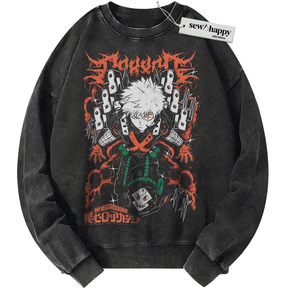 Wash Sweatshirt Katsuki Bakugo Sweatshirt, MHA Sweatshirt, Anime Sweatshirt, Vintage Sweater