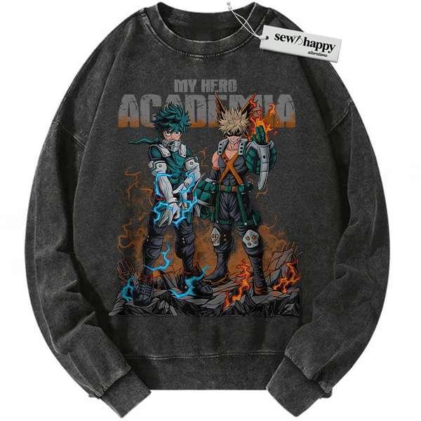Wash Sweatshirt Katsuki Bakugo vs Izuku Midoriya Sweatshirt, MHA Sweatshirt, Anime Sweatshirt, Vintage Sweatshirt
