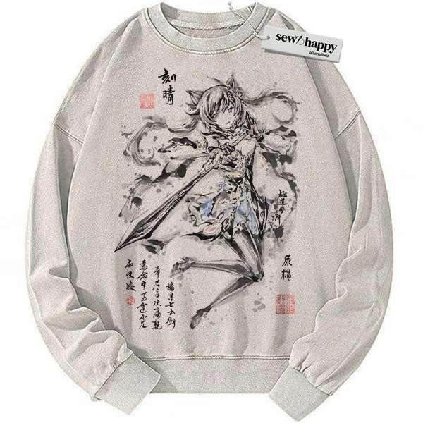 Wash Sweatshirt Keqing Sweatshirt, Genshin Impact Sweatshirt, Game Sweatshirt, Vintage Sweater