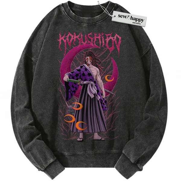 Wash Sweatshirt Kokushibo Sweatshirt, Demon Slayer Sweatshirt, Anime Sweatshirt, Vintage Sweater