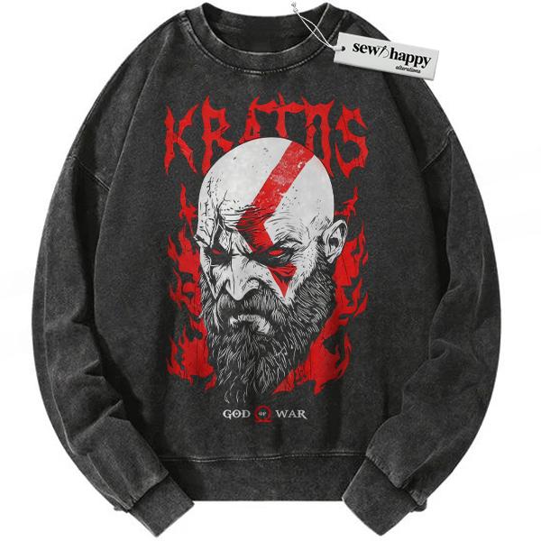 Wash Sweatshirt Kratos Sweatshirt, God of War Sweatshirt, Game Sweatshirt, Vintage Sweatshirt
