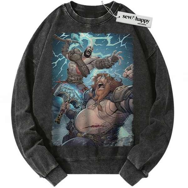 Wash Sweatshirt Kratos vs Thor Sweatshirt, God of War Sweatshirt, Game Sweatshirt, Vintage Sweater