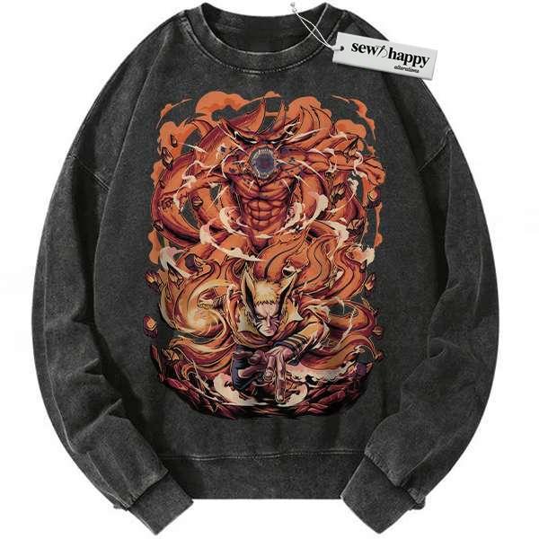 Wash Sweatshirt Kurama Sweatshirt, Naruto Uzumaki Sweatshirt, Anime Sweatshirt, Vintage Sweater