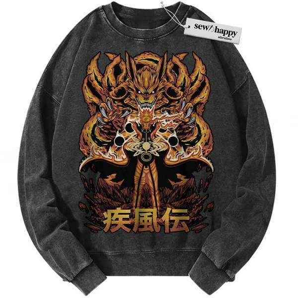 Wash Sweatshirt Kurama Sweatshirt, Naruto Uzumaki Sweatshirt, Anime Sweatshirt, Vintage Sweatshirt