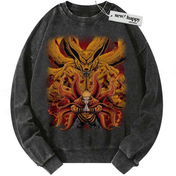 Wash Sweatshirt Kurama Sweatshirt, Naruto Uzumaki Sweatshirt, Anime Sweatshirt, Vintage Sweatshirt