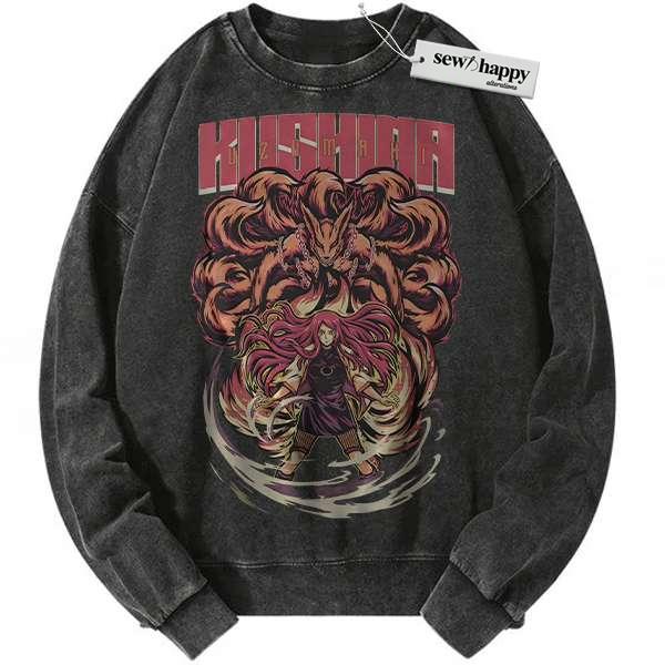Wash Sweatshirt Kushina Uzumaki Sweatshirt, Kurama Sweatshirt, Naruto Sweatshirt, Anime Sweatshirt, Vintage Sweater