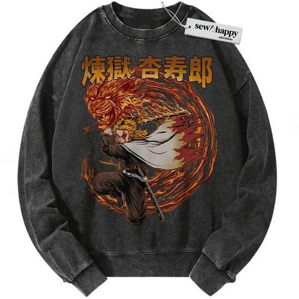 Wash Sweatshirt Kyojuro Rengoku Sweatshirt, Demon Slayer Sweatshirt, Anime Sweatshirt, Vintage Sweater