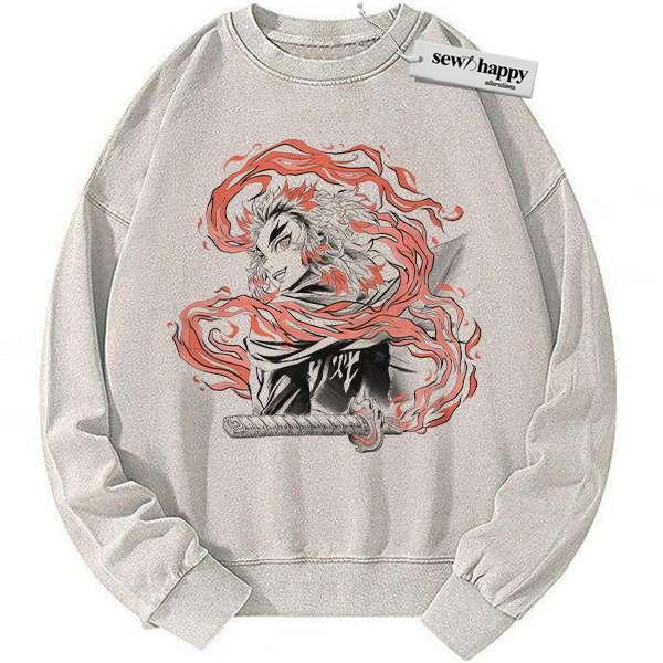 Wash Sweatshirt Kyojuro Rengoku Sweatshirt, Demon Slayer Sweatshirt, Anime Sweatshirt, Vintage Sweater