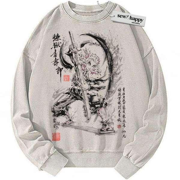 Wash Sweatshirt Kyojuro Rengoku Sweatshirt, Demon Slayer Sweatshirt, Anime Sweatshirt, Vintage Sweater