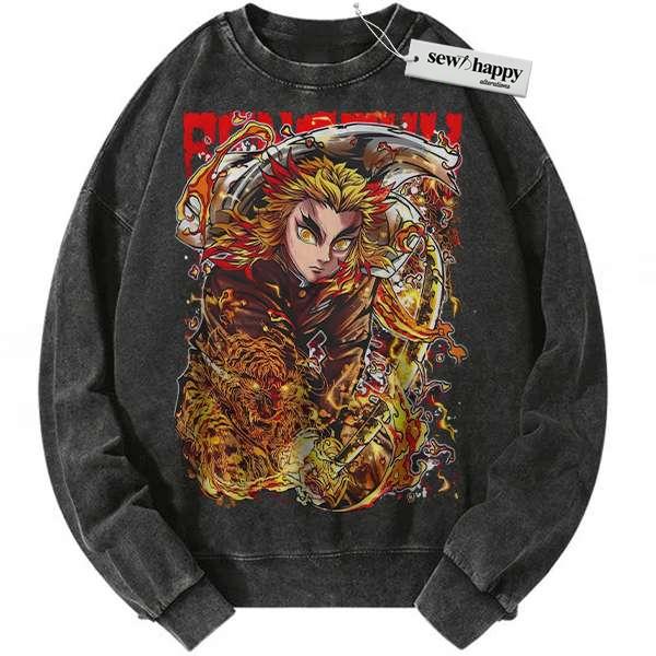 Wash Sweatshirt Kyojuro Rengoku Sweatshirt, Demon Slayer Sweatshirt, Anime Sweatshirt, Vintage Sweatshirt