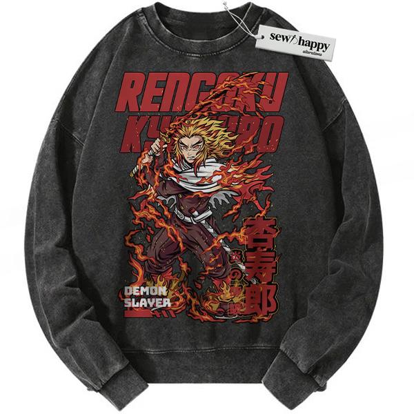 Wash Sweatshirt Kyojuro Rengoku Sweatshirt, Demon Slayer Sweatshirt, Anime Sweatshirt, Vintage Sweatshirt