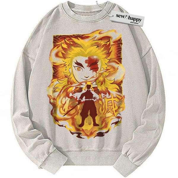 Wash Sweatshirt Kyojuro Rengoku Sweatshirt, Demon Slayer Sweatshirt, Anime Sweatshirt, Vintage Sweatshirt
