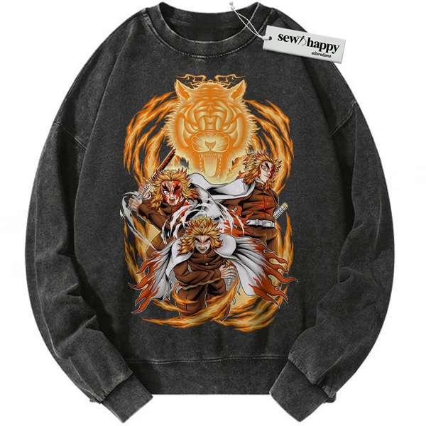 Wash Sweatshirt Kyojuro Rengoku Sweatshirt, Demon Slayer Sweatshirt, Anime Sweatshirt, Vintage Sweatshirt