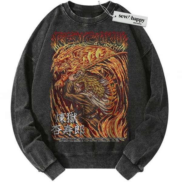 Wash Sweatshirt Kyojuro Rengoku Sweatshirt, Demon Slayer Sweatshirt, Anime Sweatshirt, Vintage Sweatshirt
