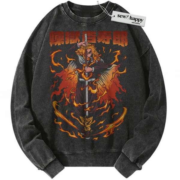 Wash Sweatshirt Kyojuro Rengoku Sweatshirt, Demon Slayer Sweatshirt, Anime Sweatshirt, Vintage Sweatshirt