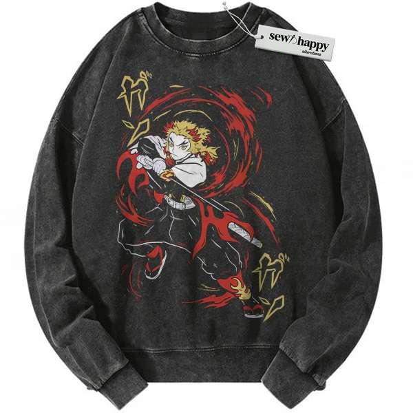 Wash Sweatshirt Kyojuro Rengoku Sweatshirt, Demon Slayer Sweatshirt, Anime Sweatshirt, Vintage Sweatshirt