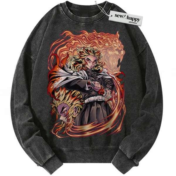 Wash Sweatshirt Kyojuro Rengoku Sweatshirt, Demon Slayer Sweatshirt, Anime Sweatshirt, Vintage Sweatshirt