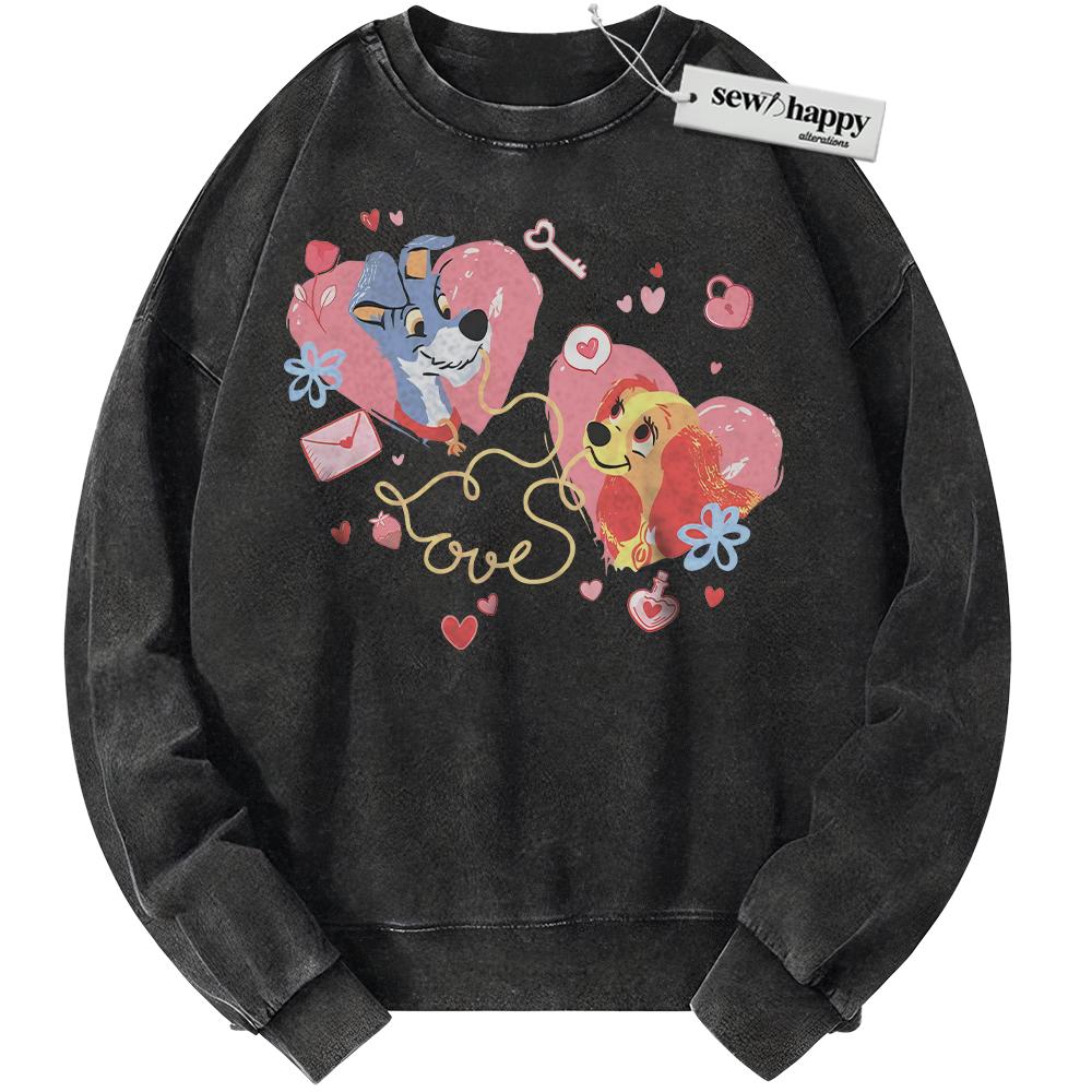 Wash Sweatshirt Lady and the Tramp Sweatshirt, Valentine's Day Sweatshirt, Animated Sweatshirt, Vintage Sweater