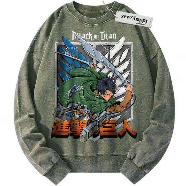 Wash Sweatshirt Levi Ackerman Sweatshirt, Attack On Titan Sweatshirt, AOT Sweatshirt, Anime Sweatshirt, Vintage Sweater