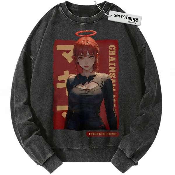 Wash Sweatshirt Makima Sweatshirt, Chainsaw Man Sweatshirt, Anime Sweatshirt, Vintage Sweater