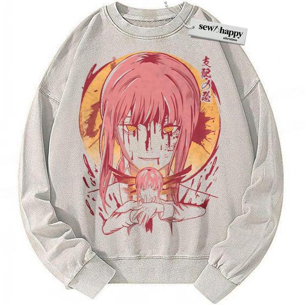 Wash Sweatshirt Makima Sweatshirt, Chainsaw Man Sweatshirt, Anime Sweatshirt, Vintage Sweater