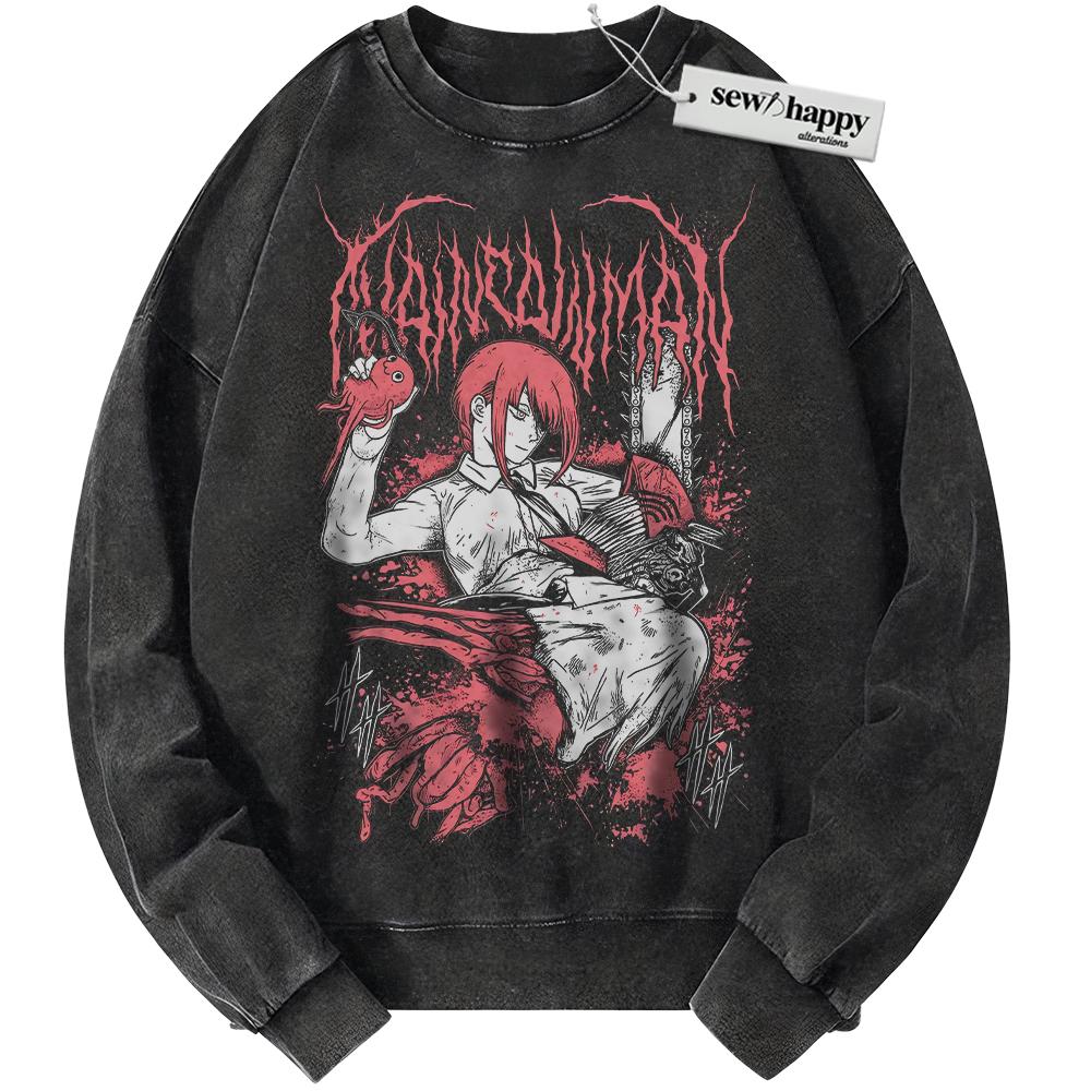 Wash Sweatshirt Makima Sweatshirt, Denji Sweatshirt, Chainsaw Man Sweatshirt, Anime Sweatshirt, Vintage Sweater