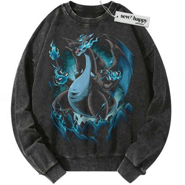 Wash Sweatshirt Mega Charizard X Sweatshirt, Pokemon Sweatshirt, Anime Sweatshirt, Vintage Sweater