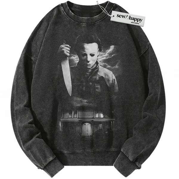 Wash Sweatshirt Michael Myers Sweatshirt, Halloween Sweatshirt, Horror Sweatshirt, Vintage Sweater Wash Sweatshirt Michael Myers Sweatshirt, Halloween Sweatshirt, Horror Sweatshirt, Vintage Sweater - Image 1