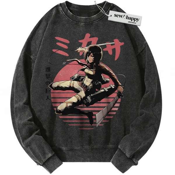 Wash Sweatshirt Mikasa Ackerman Sweatshirt, Attack on Titan Sweatshirt, AOT Sweatshirt, Anime Sweatshirt, Vintage Sweater