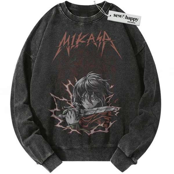 Wash Sweatshirt Mikasa Ackerman Sweatshirt, Attack On Titan Sweatshirt, AOT Sweatshirt, Anime Sweatshirt, Vintage Sweatshirt