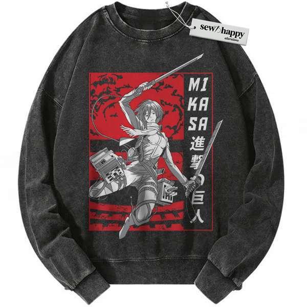 Wash Sweatshirt Mikasa Ackerman Sweatshirt, Attack On Titan Sweatshirt, AOT Sweatshirt, Anime Sweatshirt, Vintage Sweatshirt