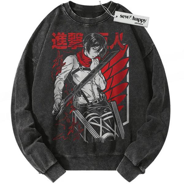 Wash Sweatshirt Mikasa Ackerman Sweatshirt, Attack On Titan Sweatshirt, AOT Sweatshirt, Anime Sweatshirt, Vintage Sweatshirt