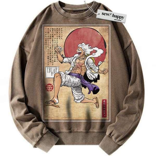 Wash Sweatshirt Monkey D Luffy Sweatshirt, Luffy Gear 5 Sweatshirt, One Piece Sweatshirt, Anime Sweatshirt, Vintage Sweater