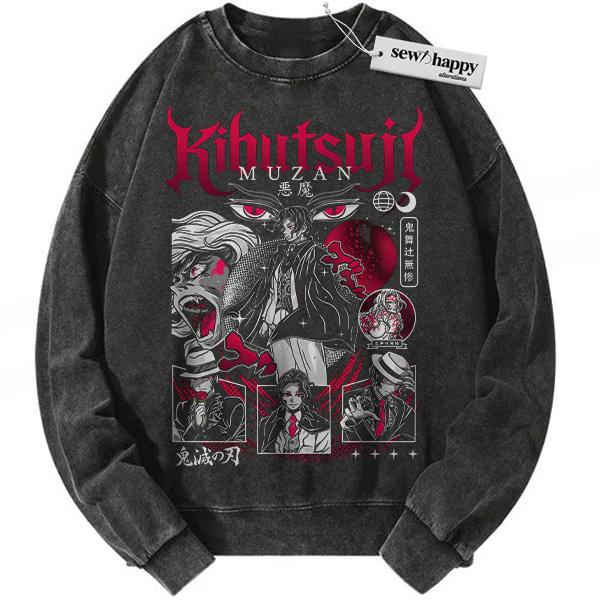 Wash Sweatshirt Muzan Kibutsuji Sweatshirt, Demon Slayer Sweatshirt, Anime Sweatshirt, Vintage Sweatshirt