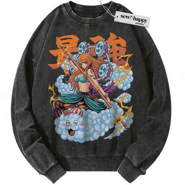 Wash Sweatshirt Nami sweatshirt, One Piece sweatshirt, Anime sweatshirt, Vintage Sweater Wash Sweatshirt Nami sweatshirt, One Piece sweatshirt, Anime sweatshirt, Vintage Sweater - Image 1