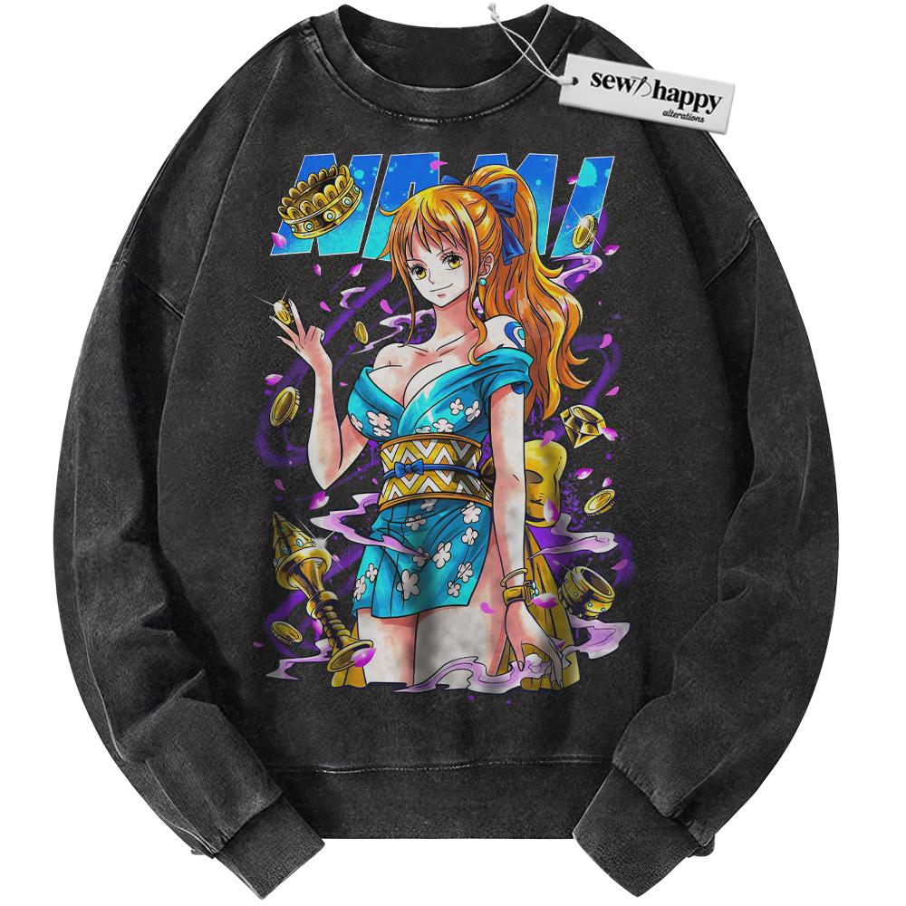 Wash Sweatshirt Nami Sweatshirt, One Piece Sweatshirt, Anime Sweatshirt, Vintage Sweater