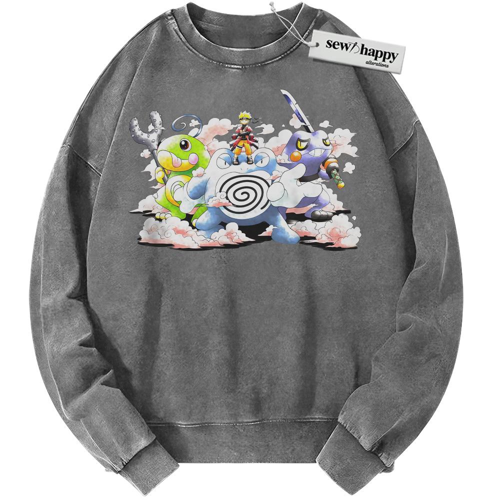 Wash Sweatshirt Naruto x Pokemon Sweatshirt, Anime Sweatshirt, Vintage Sweater
