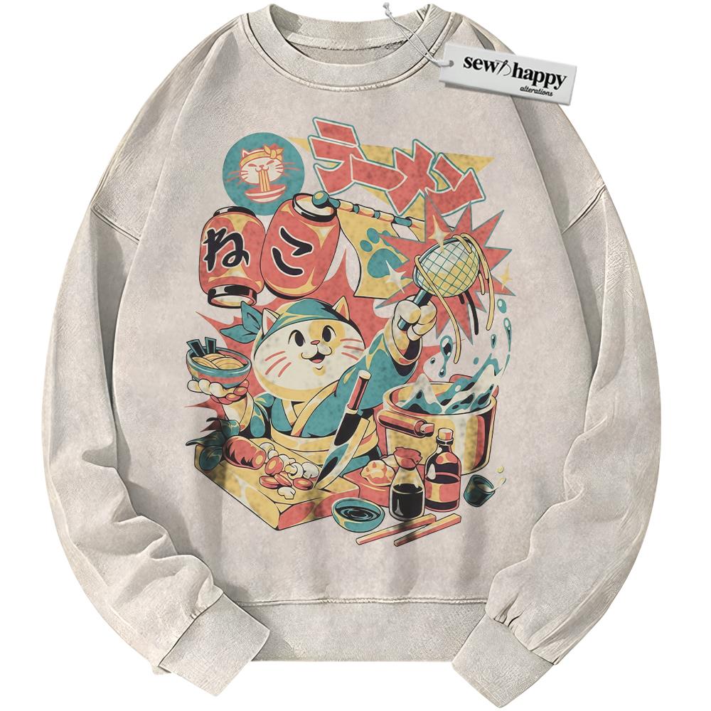 Wash Sweatshirt Neko Ramen Cat Sweatshirt, Japanese Streetwear Sweatshirt, Vintage Sweater