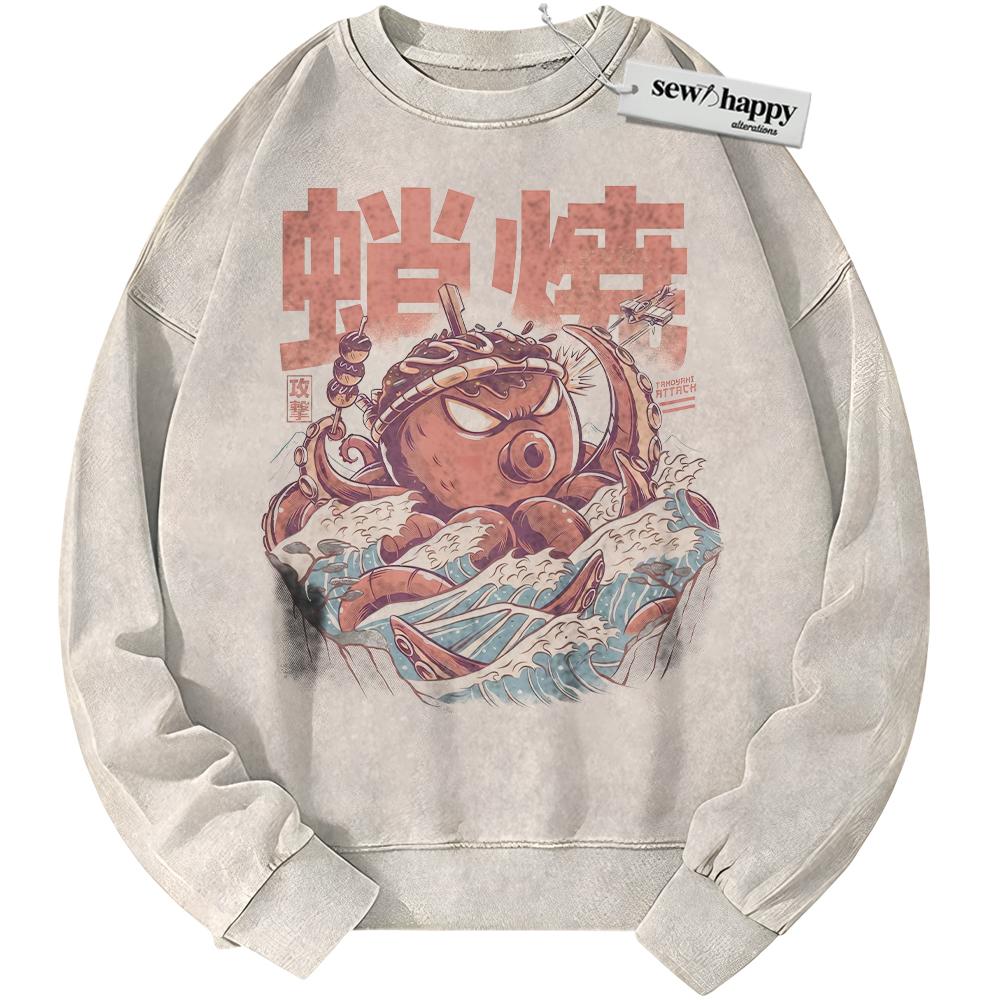 Wash Sweatshirt Octopus Kaiju Sweatshirt, Japanese Streetwear Sweatshirt, Vintage Sweater