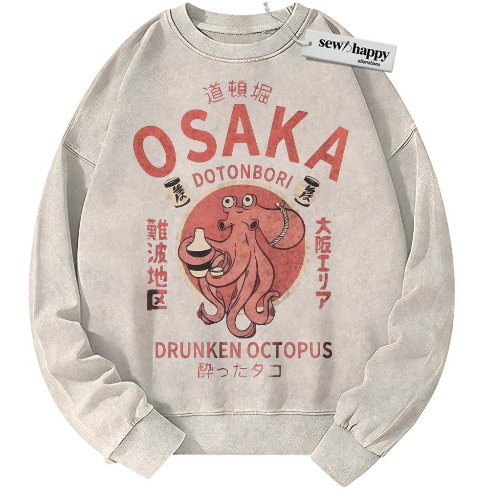Wash Sweatshirt Osaka Dotonbori Drunken Octopus Sweatshirt, Japanese Streetwear Sweatshirt, Vintage Sweater