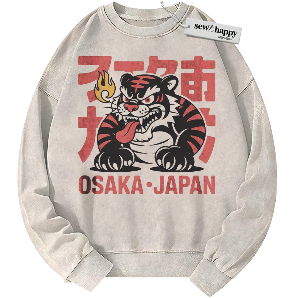 Wash Sweatshirt Osaka Japan Tiger Sweatshirt, Japanese Streetwear Sweatshirt, Vintage Sweater