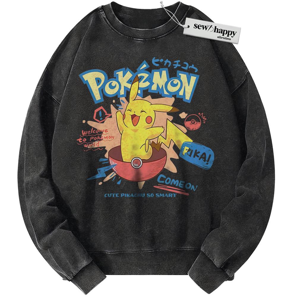 Wash Sweatshirt Pikachu Sweatshirt, Pokemon Sweatshirt, PKM Sweatshirt, Anime Sweatshirt, Vintage Sweater