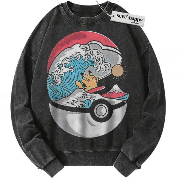 Wash Sweatshirt Pikachu Sweatshirt, Pokemon Sweatshirt, PKM Sweatshirt, Anime Sweatshirt, Vintage Sweatshirt