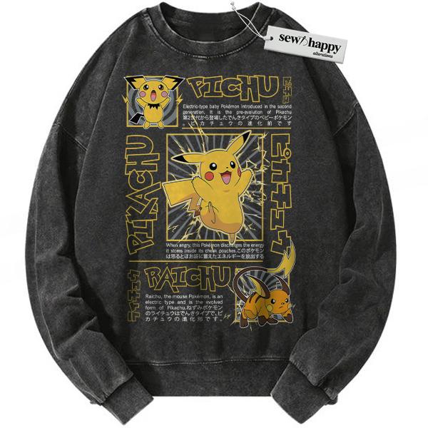 Wash Sweatshirt Pikachu Sweatshirt, Raichu Sweatshirt, Pichu Sweatshirt, Pokemon Sweatshirt, Anime Sweatshirt, Vintage Sweatshirt