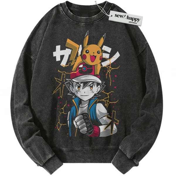 Wash Sweatshirt Pikachu vs Ash Ketchum Sweatshirt, Pokemon Sweatshirt, Anime Sweatshirt, Vintage Sweatshirt